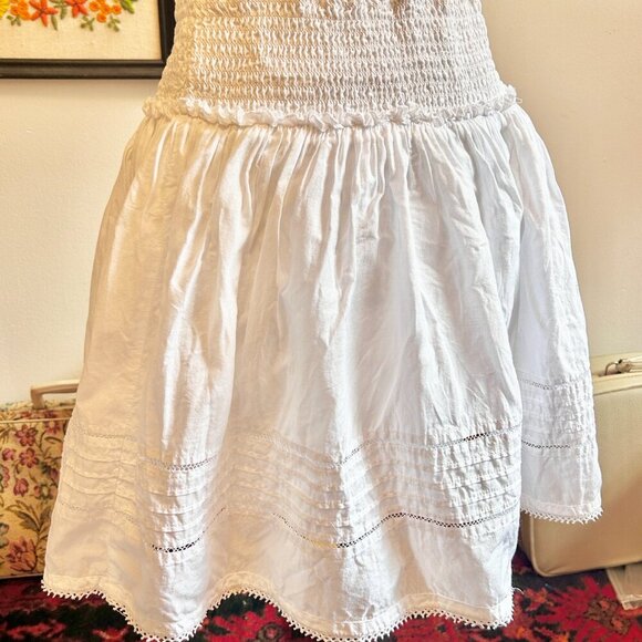 Stile Benetton White Cotton Skirt XS-L | Boho Peasant Smocked Waist Mini - Picture 7 of 7